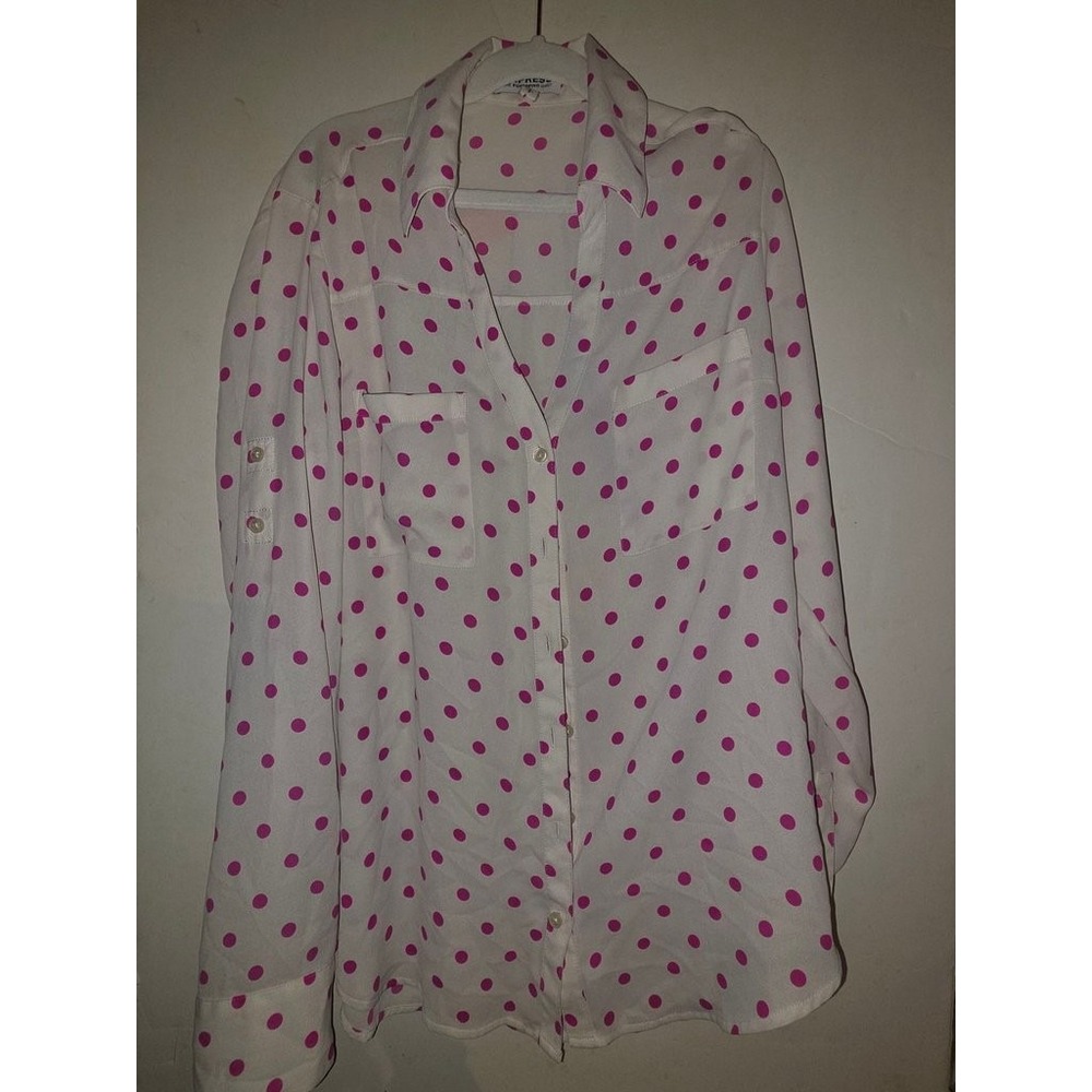 Express The Portofino Shirt Pink Polka Dot White Button Down Womens Small
